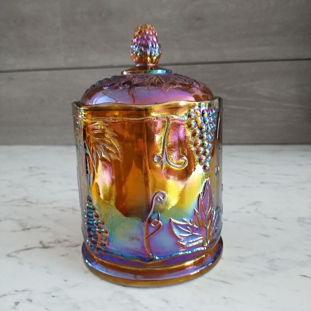 Vintage Indiana Glass Iridescent Marigold Carnival Harvest Grape Biscuit  Jar - Picture 10 of 12